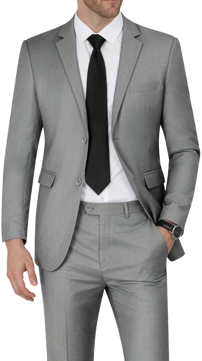 WEEN CHARM Mens Suits Slim Fit 2 Piece Wedding Tuxedo Two Button Groom Prom Party Solid Blazer Pants Suit Set Light Grey - Image 1